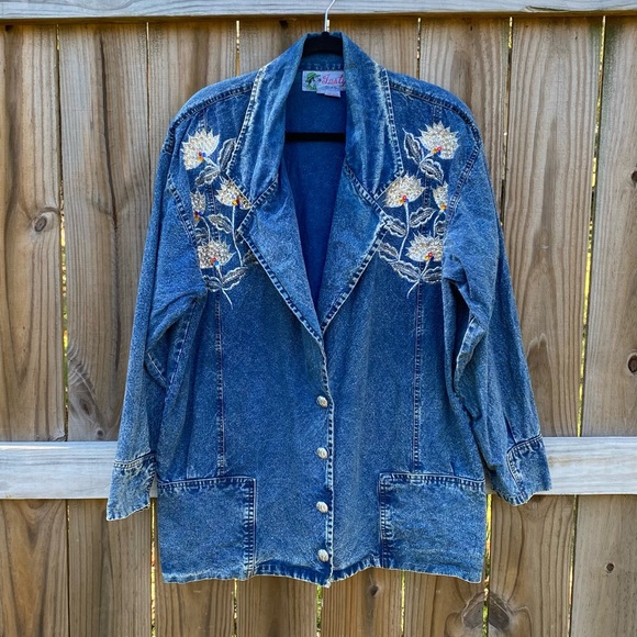 Vintage Jackets & Blazers - Vintage Tasty Avant Garde Silver Metallic Sequin Floral Acid Wash Denim Jacket
